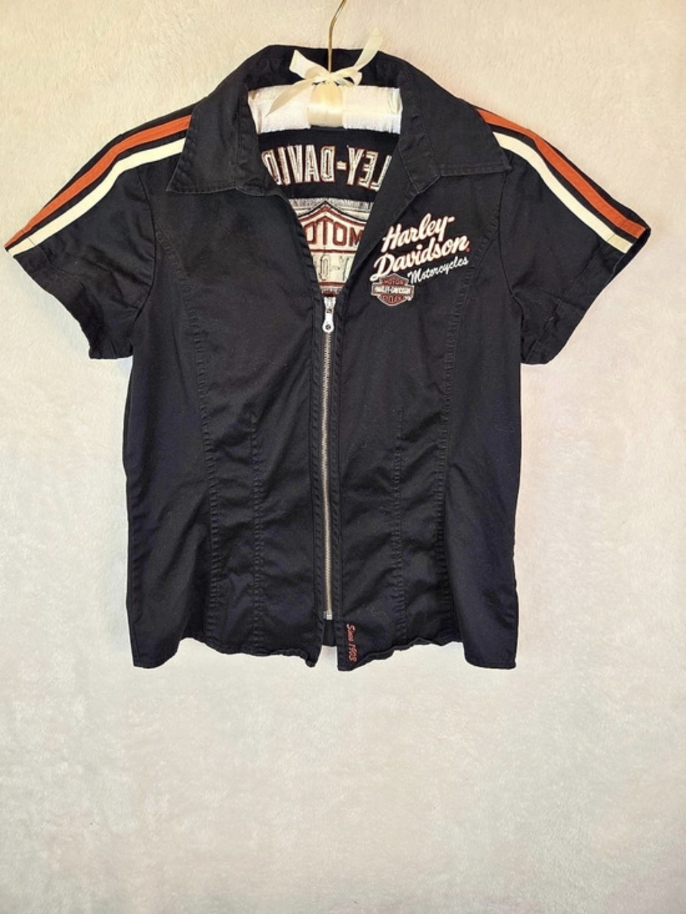 Harley Davidson Black Garage Short Sleeve Zip Front Shirt  Woman's Sz M